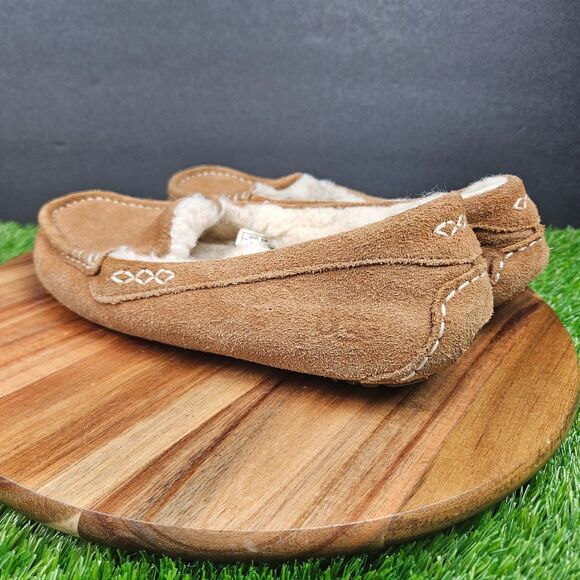 UGG Shoes Womens Size 8 Brown Ansley Suede Shearling Moccasin Slippers Slip On - Picture 4 of 11